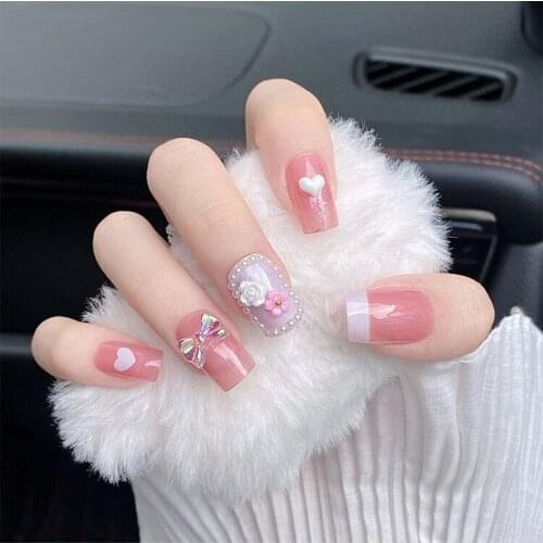 24pcs/Set Summer French False Nails Pretty White Red Flower Decal Wedding Bride Nail Art with Glue Beauty Full Fingernail Tips