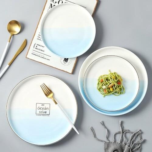 8"10" Ceramics Phnom Penh Round Dinner Plates Blue and White Gradient Salad Plate Household Steak Plate Western Dishes