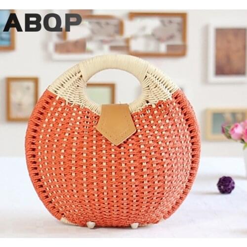 ABQP Summer Straw Bags For Women Large Capacity Female Beach Tote Handbags Round Shape Womens Woven Straw Bag