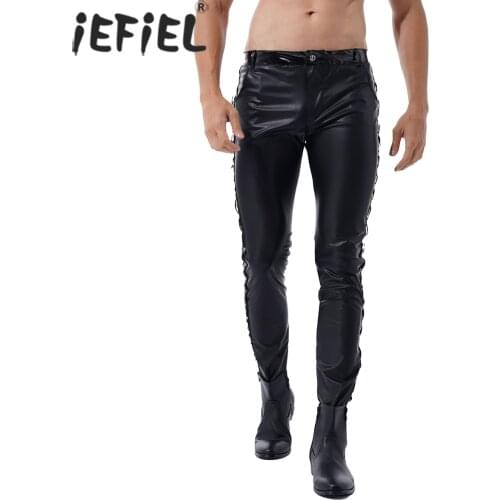 Men Fashion Gothic Punk Leotard Pencil Pants Casual Low Waist Leggings Faux Leather Tight Trousers for Club Stage Performance
