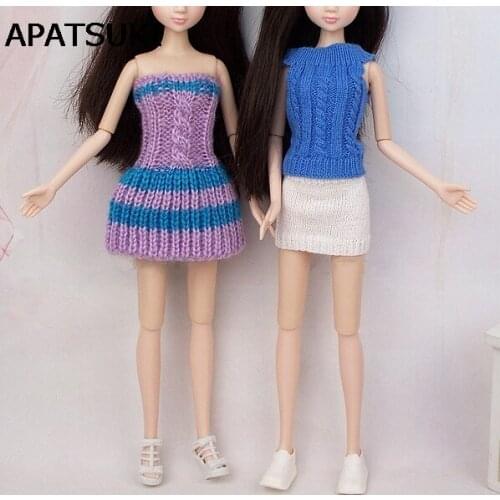 Kids Toy Doll Accessories Knitwear Blue Top & White Skirt Off-shoulder Dress Clothes For Barbie Doll House For 1/6 BJD Doll