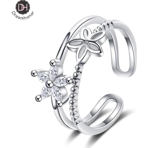 Dreamhonor Sterling Silver 925 Women Rings Simple Flower Zircon Ring For Women Fine Silver Jewelry Engagement Wedding Girl Gifts
