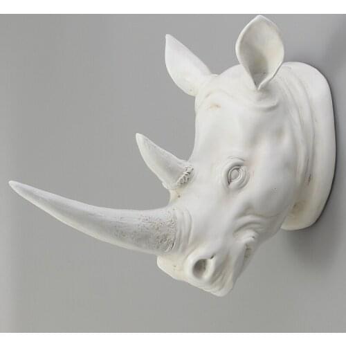 KiWarm Resin Exotic Rhinoceros Head Ornament White Animal Statues Crafts for Home Hotel Wall Hanging Art Decoration Gift