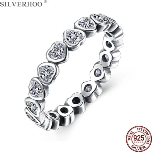 SILVERHOO 925 Sterling Silver Heart Finger Ring Cute Love Cubic Zirconia Vintage Rings For Women Engagement Wedding Jewelry