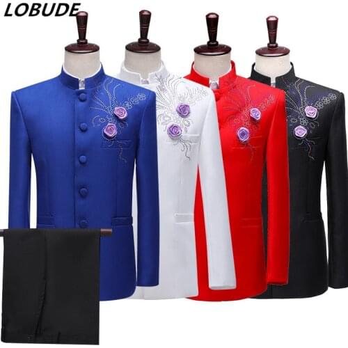 Chinese Tunic Suit Male Host Chorus Chinese Style Stage Performance Suits Stand Collar Flower Stones Blazers Pants 2-Pieces Set