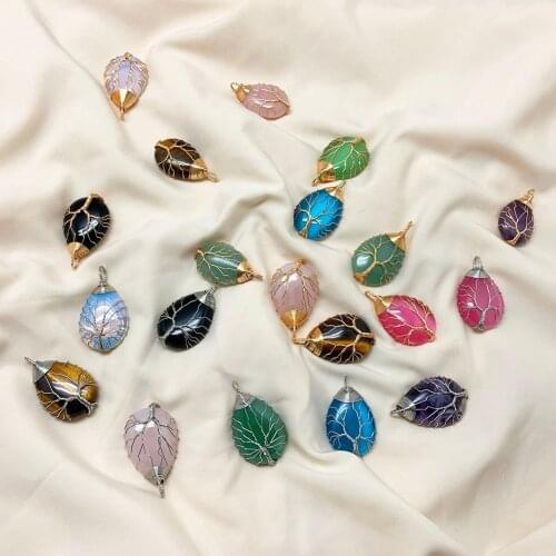 Momiji Natural Stone Pendant Amethyst Opal Tiger Eye Cabochon Cameo Water Drop Shape Beads Jewelry Accessories wholesale