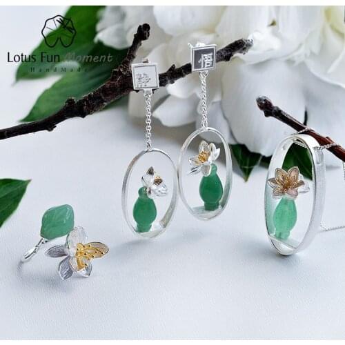 Lotus Fun Moment Real 925 Sterling Silver Natural Stone Creative Handmade Fashion Jewelry Lotus Whispers Jewelry Set for Women