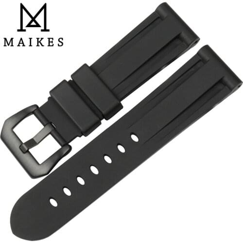 MAIKES High Quality Waterproof Silicone Rubber Silver / Black Buckle Replacement Wrist Watch Band 24mm Strap Belt For Panerai