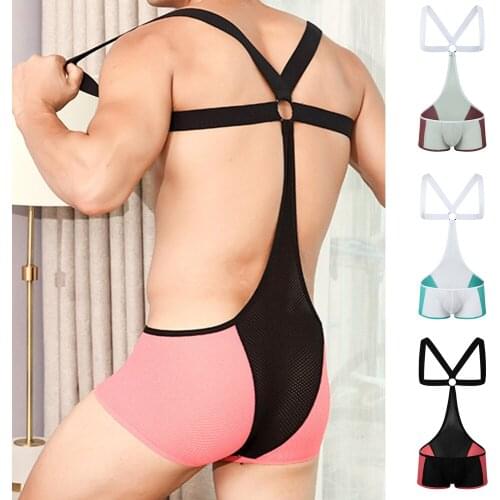 Mens Sexy Mesh Wrestling Breathable Singlet Hole Elastic Bodysuit Male Jockstrap Underwear Erotic Boxers Lingerie