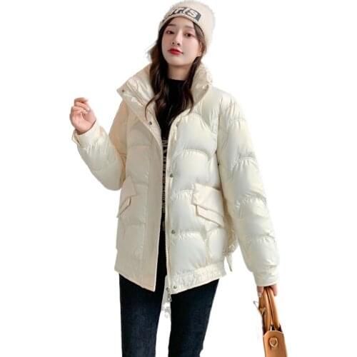 2021 new Womens Winter Down Jacket With Zipper Bread jacket Korean Style Loose Padded Shiny Glossy Thick Warm Cold Coat