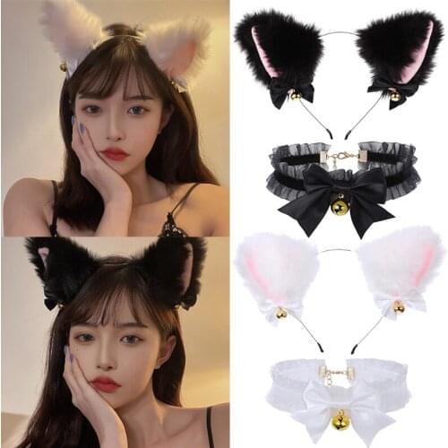1Set Cat Ear Headband with Bells Necklace Plush Furry Cat Ears Headwear Fancy Dress Hairband Women Girls Party Cosplay Headwear