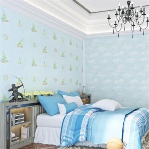 Beibehang Childrens Room Wallpaper Mediterranean style AB version Joker Sailboat Cartoon Boy Star Girl Bedroom Wallpaper