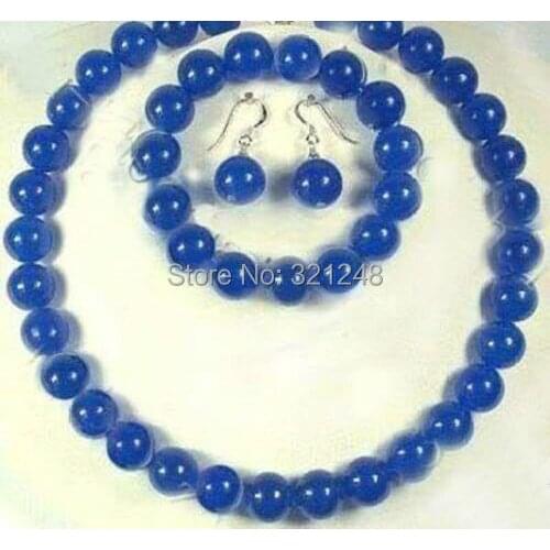New fashion free shipping 10mm Blue jades chalcedony stone Round beads Necklace(20") bracelet(8.5") Earring jewelry set BV166