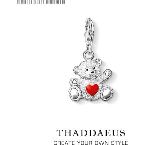 Authentic 925 Sterling Silver Teddy Bear Red Heart Charm Pendant Cute Gift For Women Fits Charms Bracelet Necklace DIY Jewelry