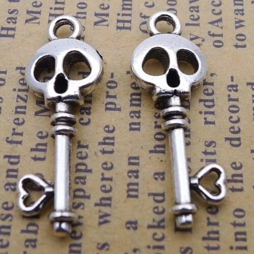 20Pieces 10*26mm Antique Silver Color Fashion Skull Wicca Charms Key Pendant Earrrings Accessory Charms For DIY Jewelry Making