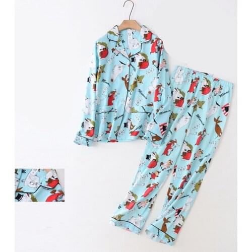 100% Cotton Casual Pajamas Set Women Pyjama Cartoon Print Female Winter Sleepwear Warm Sexy Homewear Full Sleeve Shirt Pants