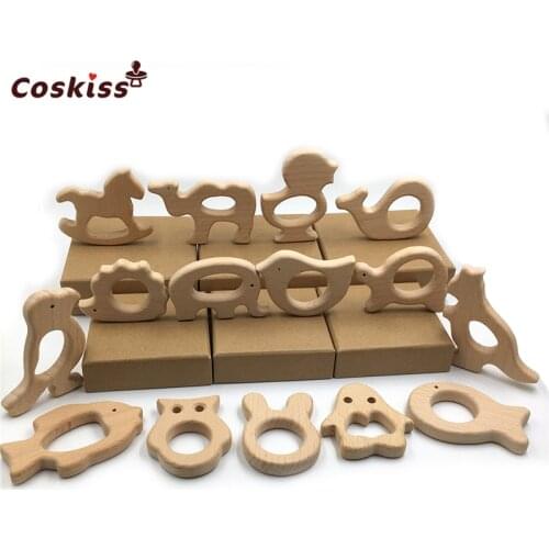 Handmade Wooden Organic Safe Baby Teether Pendent Organic Natural Beech Wooden Toy Hand Cut Animal DIY Baby Teether Nursing Toys