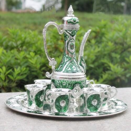 Handwork Chinese green color metal wine /tea zinc alloy wine 1 plate+ 1 pot +6 cups Decoration Tibetan Silver Brass