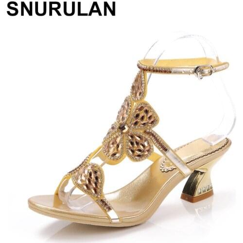 SNURULAN 2019 Womens luxury ankle boots; Summer sandals; color is gold, black; Summer shoes with thick heels 6 cm