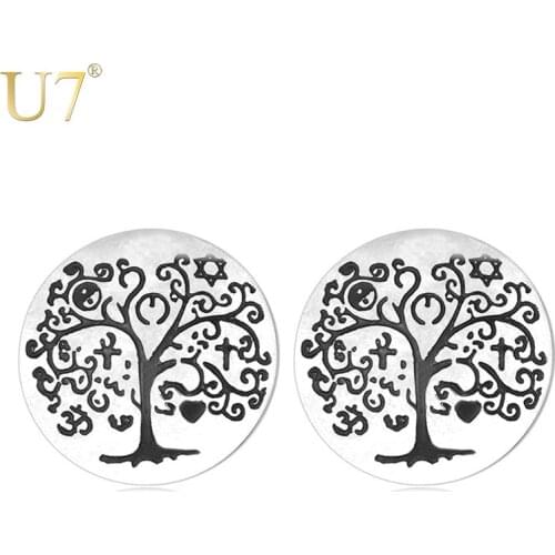 U7 New Gold Color Earrings Black Tree of Life Pattern Vintage Jewelry Round Stainless Steel Stud Women Earrings Wholesale E758
