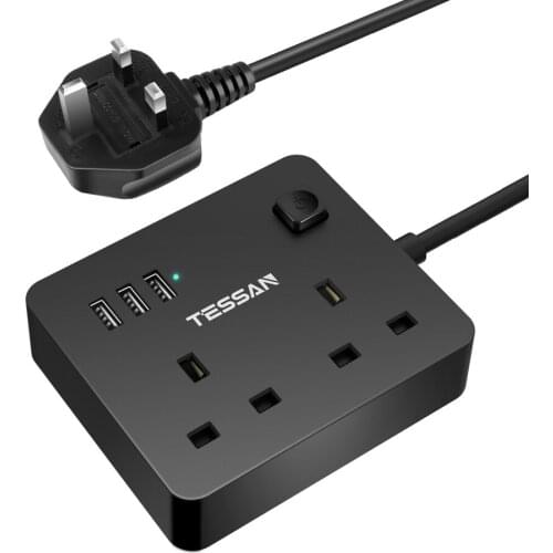 TESSAN UK Standard Plug Multi Sockets Power Strip with 2 AC Outlets 3 USB Ports Switch 1.5M/5ft Extension Cable for Home Office