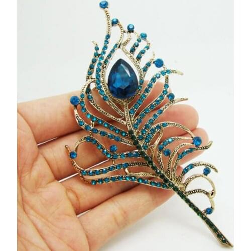 Gorgeous Peacock Feathers Gold Tone Blue Rhinestone Crystal Brooch Pin Gift
