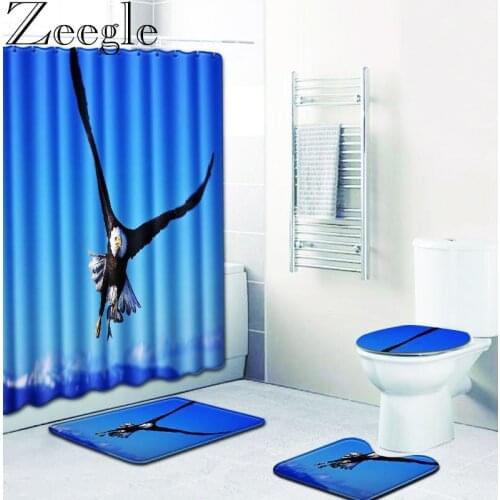 Zeegle 4 Pcs 3D Printed Shower Curtain Pedestal Rug Lid Toilet Cover Mat Bath Mat Set For Bathroom Home Decor Bathroom Carpet