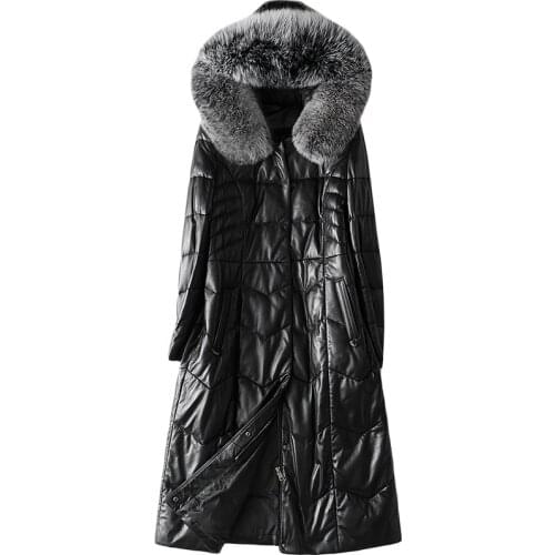 2021 Autumn /Winter Womens High Quality Fox Fur Collar Hooded Leather Jacket Long Sheepskin Down Jacket Large Size 3XL
