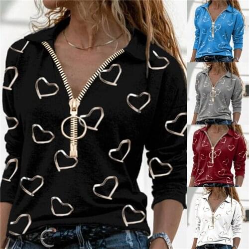 2021 Autumn Spring Women Heart Print Blouses Casual Zipper V Neck Shirt Cotton Long Sleeve Top Elegant Ladies Shirt Streetwear