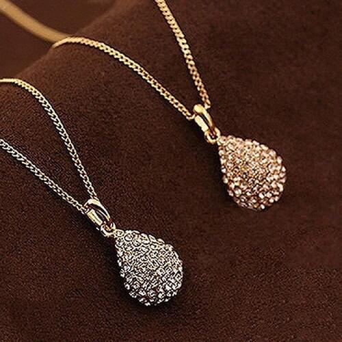 Womens Fashion Shiny Rhinestone Waterdrop Pendant Long Chain Sweater Necklace
