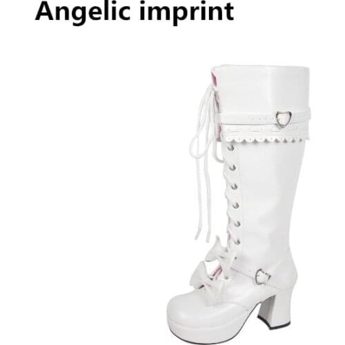 Angelic imprint mori girl Women boots lady lolita high thick heels warm Boots woman princess dress pumps shoes bowtie white 8003