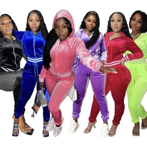 Women Velvet Two Piece Set Casual Sport Outfits Tracksuit Zip Hoodies Sweatshirt and Sweatpants Jogger Pants Winter Sportswear