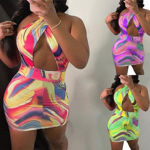 Women’s Fashion Tie-dye Print Skinny Neck-mounted Dress Sexy Halter Bandage Backless Short Dress 2021 New