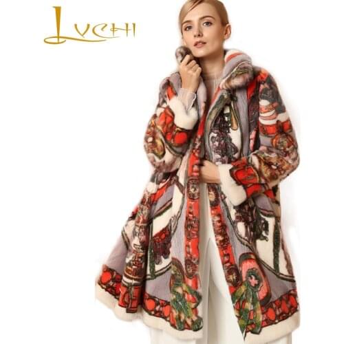 LVCHI Winter 2019 Import Real Mink Fur Coats Womens Long Sleeve Coat Full Pelt Causal Print Horse Colorful Medium Mink Coats