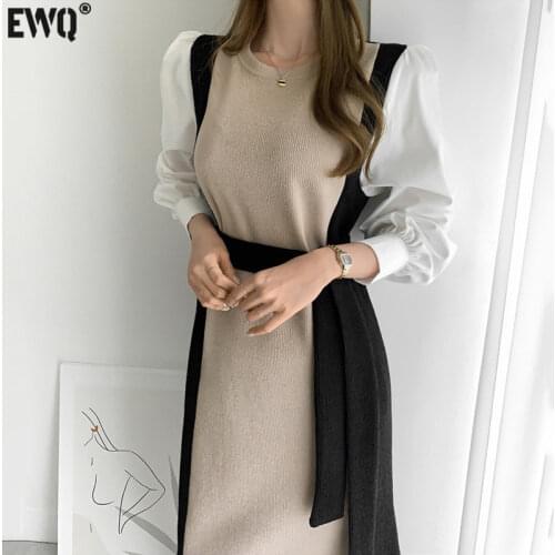 [EWQ] Korea Chic Early Autumn O Neck Color Matching Fake Two-piece Bubble Sleeve Bandage Waist Long Knitted Dress Women 16E2591