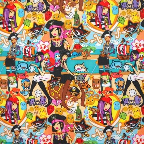 1 yard Polyester/PVC coated Waterproof Fabric for bag,- Cartoon Characters- girl, flower and animals (width=140cm)