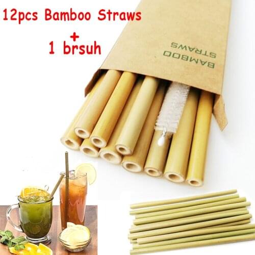 12pcs/set Bamboo Drinking Straws Reusable Eco-Friendly Party Kitchen Straws with Clean Brush Drop Shipping Wholesale