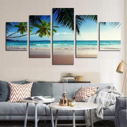 5 Pieces Coconut Tree Blue Sky And Ocean Beach Seascape Wall Art Canvas Painting Pictures Frame Home Decor Printed Poster