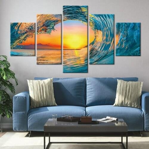 5 Piece Wall Art Sunset Waves Seascape Poster Canvas Painting Ocean Landscape Pictures for Living Room Home Décor