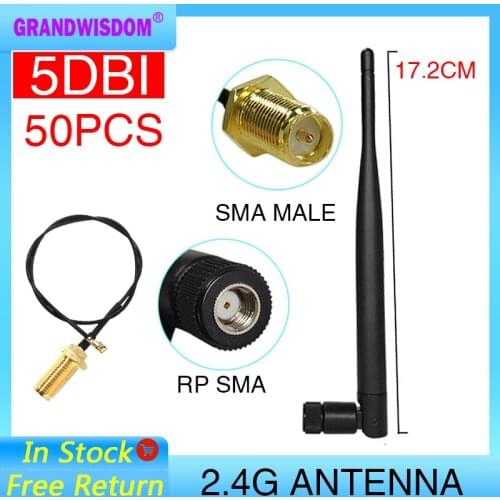 50pcs 2.4 GHz Antenna wifi 5dBi WiFi Aerial RP-SMA Male 2.4ghz antena wi fi Router+ PCI U.FL IPX to RP SMA Male Pigtail Cable