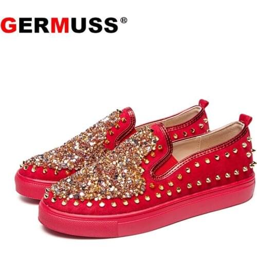Germuss Brand Glittering Men Spike Shoes Handmade Loafers Fashion Rivet Male Casual Dress Wedding Shoes For Young Men
