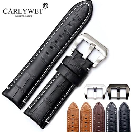 CARLYWET 22 24mm VINTAGE Black Brown Watch Band Calf Leather Crocodile Thick Strap Belt Silver Black Clasp For Luminor