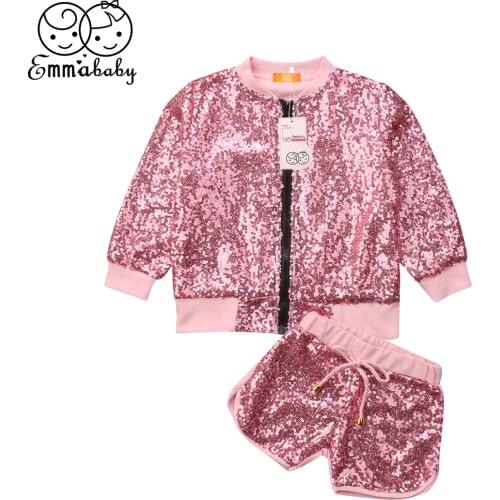 Kids Baby Girls Bling Sequins Pink Jacket+Short Outfits Toddler Clothes Sz 1-6Y