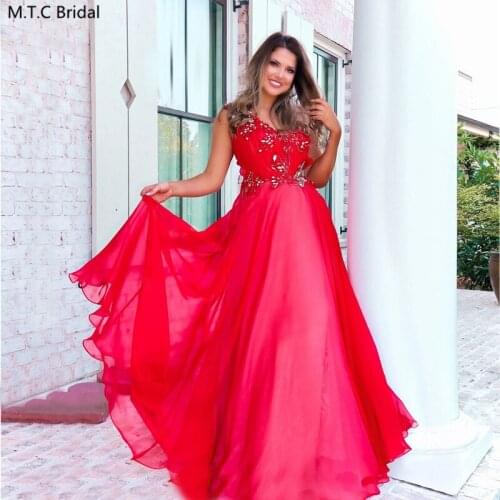 Long Red Chic Crystals Evening Dress A Line Sleeveless V Neck Plus Size Organza Girls Graduation Homecoming Party Dresses Cheap