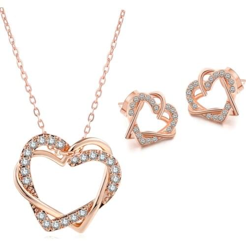 Double Fair Wedding Sets For Women Elegant Hearts Necklace Earring Rose Gold Color Fashion Jewelry S007