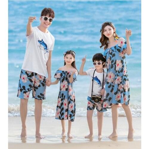 Family Matching Outfits Flowers Print Summer Couple Clothes Men Boys Cotton Short Sleeves T shirt Pants Women Girls Dress SA1389
