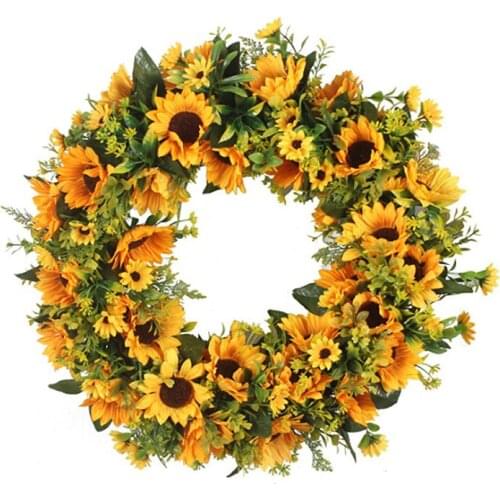 Artificial Sunflowers Wreath Door Hanging Flower Wreath With Yellow Sunflower And Green Leaves for Wall Window Home Party Decor
