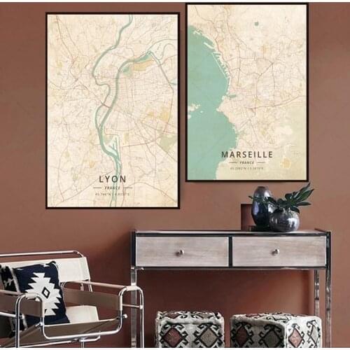 Marseille city Maps The Lyon city Map Black Art Canvas Painting Golden Gloss Art Print Decoration Poster Moderne Art