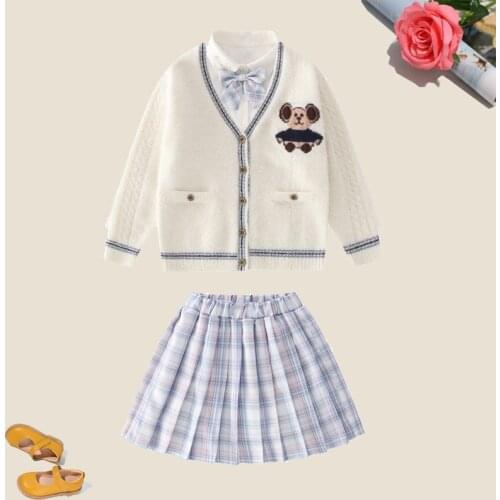 Kids Clothes Girls Clothing Sets Bow Tops & Sweaters & Skirts 3PCS Outfits for Teenagers Elegant Children Suits 6 8 10 12 14Y
