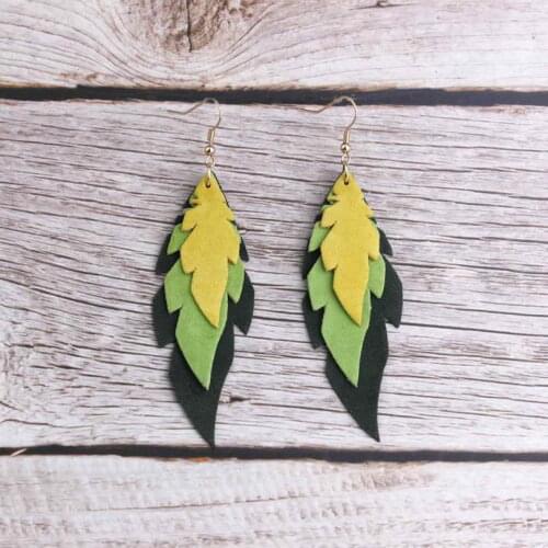Multicolor Layered Soft Leather Leaf Drop Earrings Prolate Cut Out Feather Dangle Earrings Women Charm Chic Jewelry